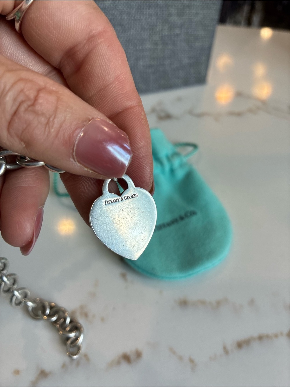 Tiffany & Co 925 Sterling Silver Heart Tag Charm Chain Link Bracelet 7.25”